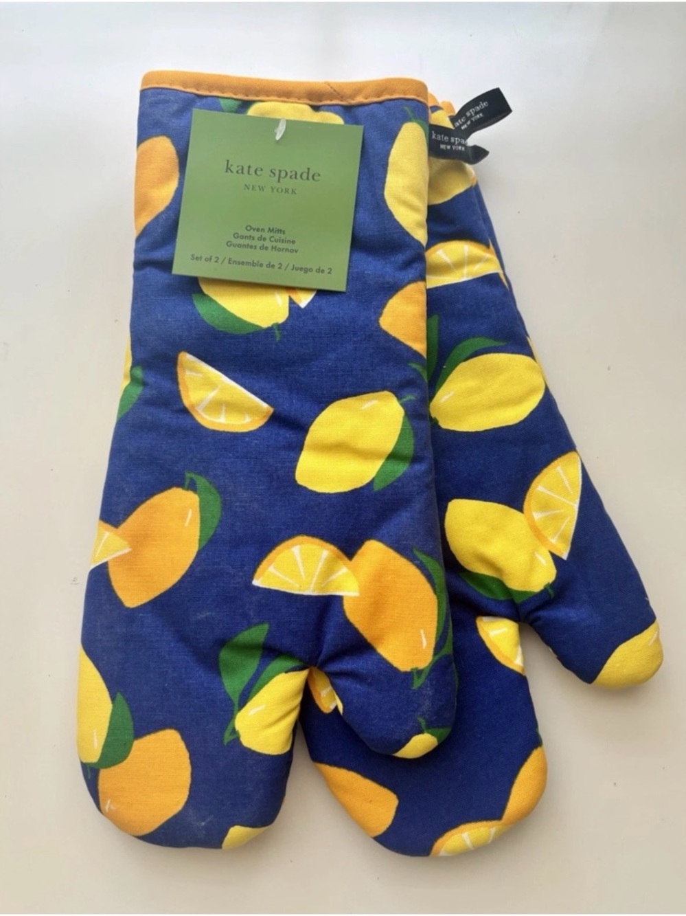 Kate Spade Lemon Print Oven Mitts - Blue & Yellow